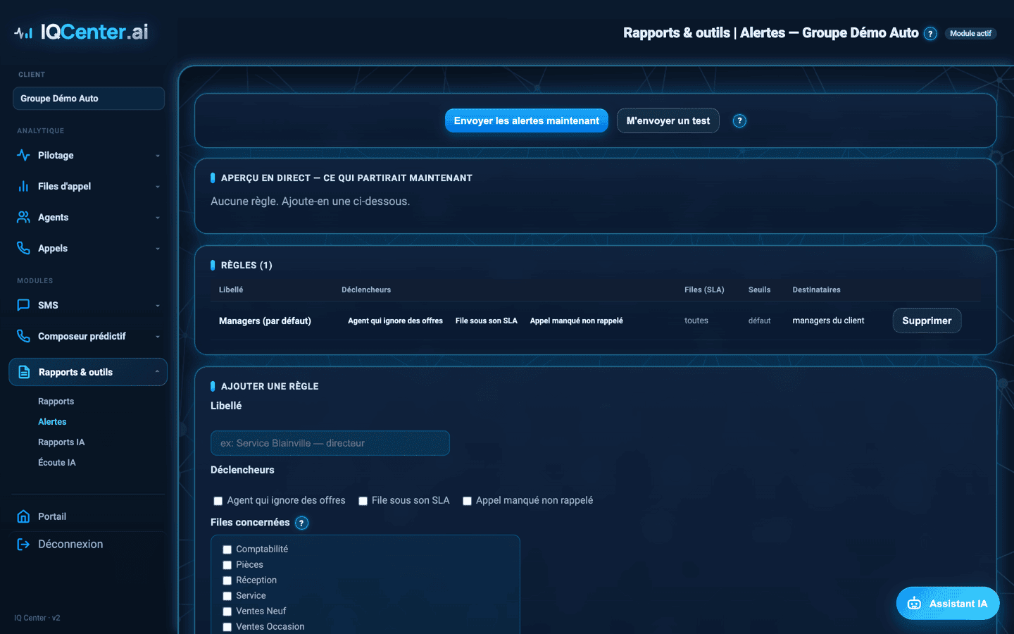 IQ Center — alertes de niveau de service (données fictives)